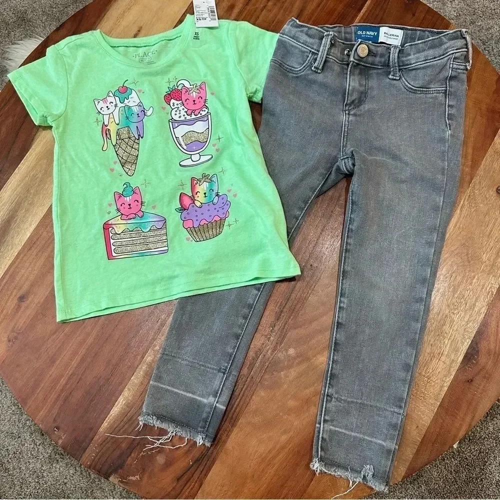 Girls Size 4 Outfit Cat Cupcake Ice Cream Ballerina Fit Adjustable Jeans‎ Gray
